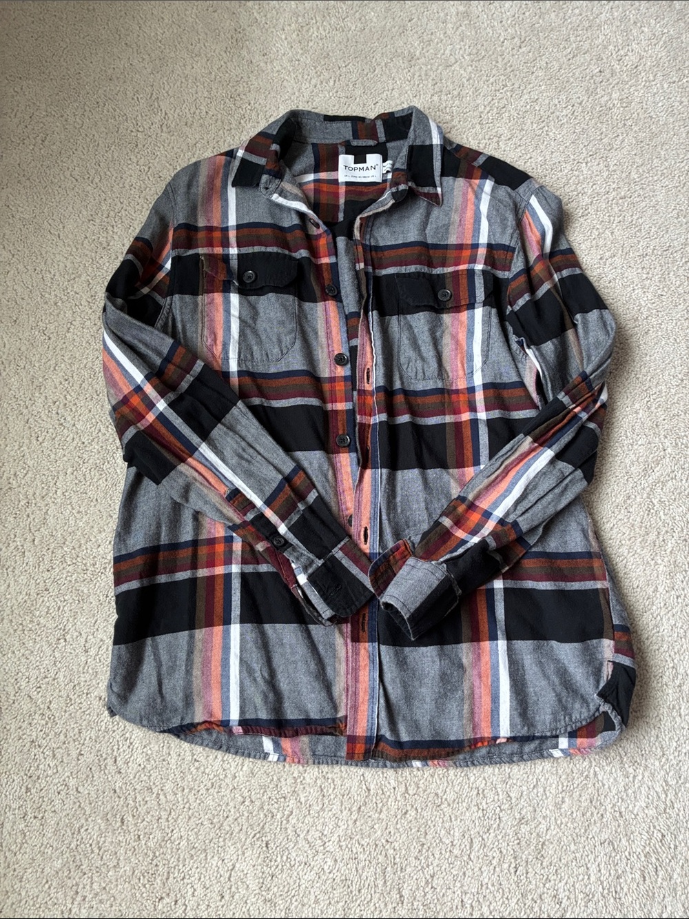 Topman Black, Gray & Rust Plaid Button-Down Shirt 100% Cotton size L